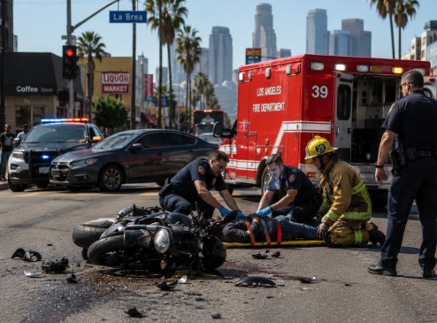 Motorcycle accident scene on a Los Angeles street with emergency responders present