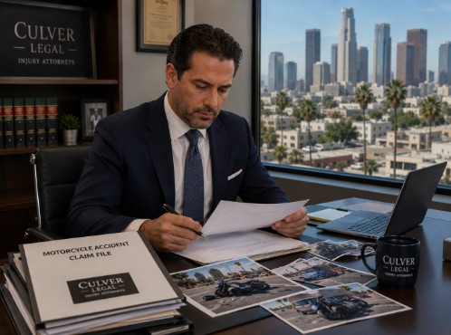 Culver Legal attorney reviewing a motorcycle accident claim file in Los Angeles