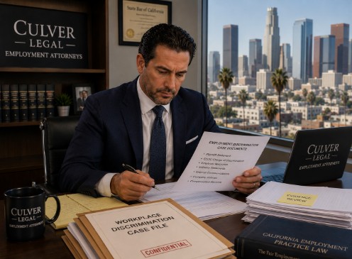 Employment attorney reviewing workplace discrimination case documents in Los Angeles