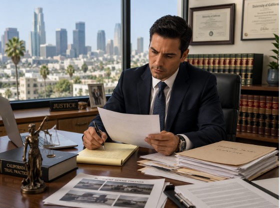 Attorney reviewing personal injury case documents in Los Angeles law office