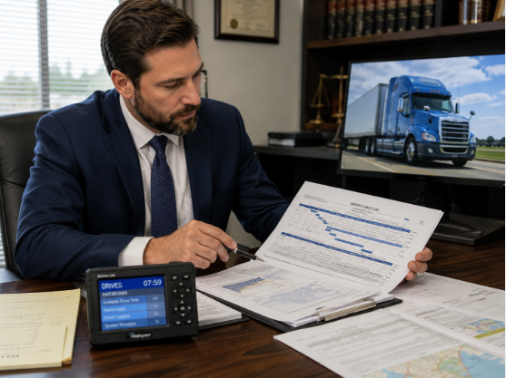 Attorney reviewing truck driver logs and electronic logging device data as evidence