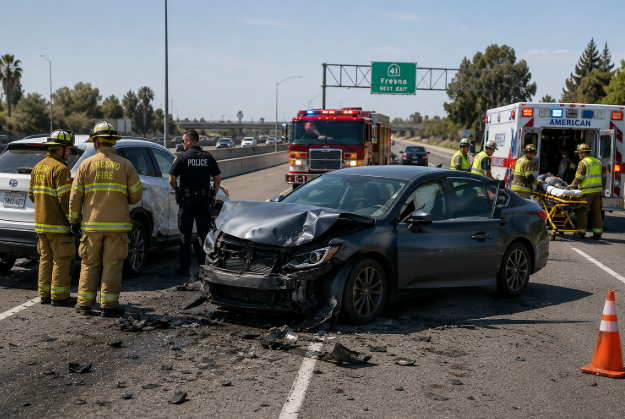 Car accident scene on a Fresno highway with emergency responders and damaged vehicles