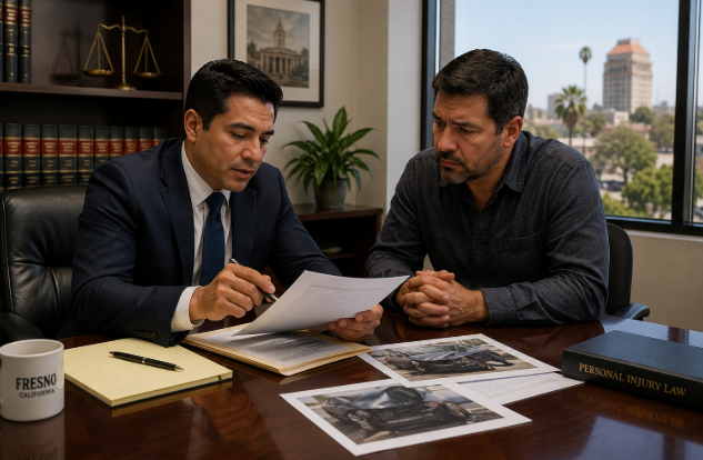 Attorney reviewing car accident case documents with a client in a Fresno law office