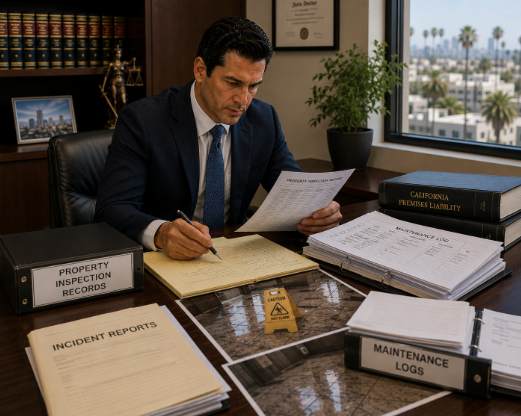Attorney examining property inspection records and maintenance logs as evidence in a California premises liability case