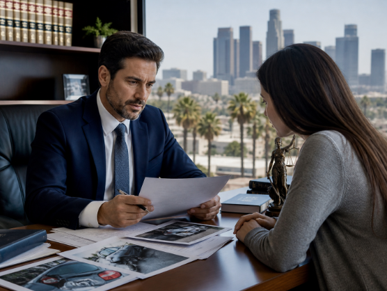 Car accident attorney reviewing case documents at a desk in Los Angeles