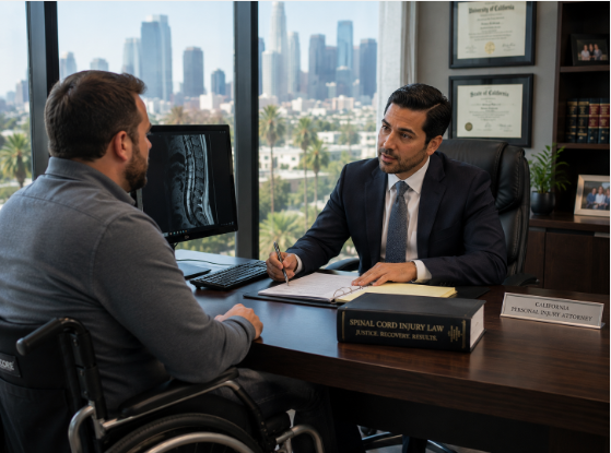 Spinal cord injury victim consulting with personal injury attorney in California