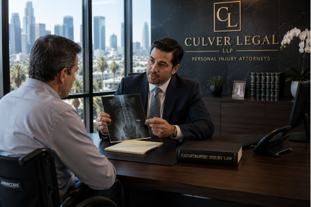 Catastrophic injury attorney meeting with client in Los Angeles law office