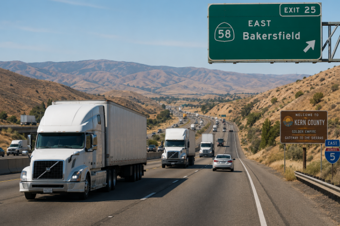 Kern County highway with truck traffic near Bakersfield California