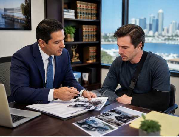 San Diego car accident lawyer reviewing case evidence with injured client