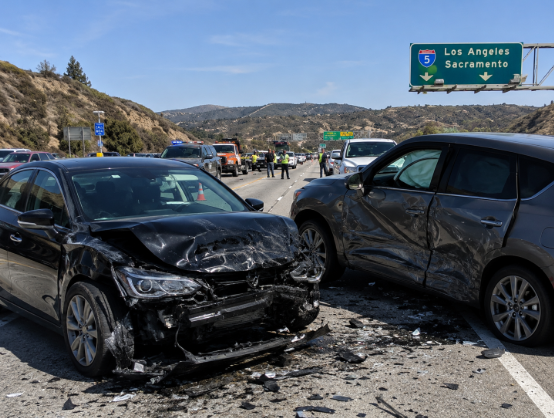 Damaged vehicles at a California highway crash site showing typical accident scene