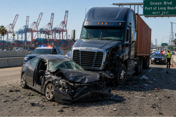 Truck accident scene on a Long Beach freeway near the port
