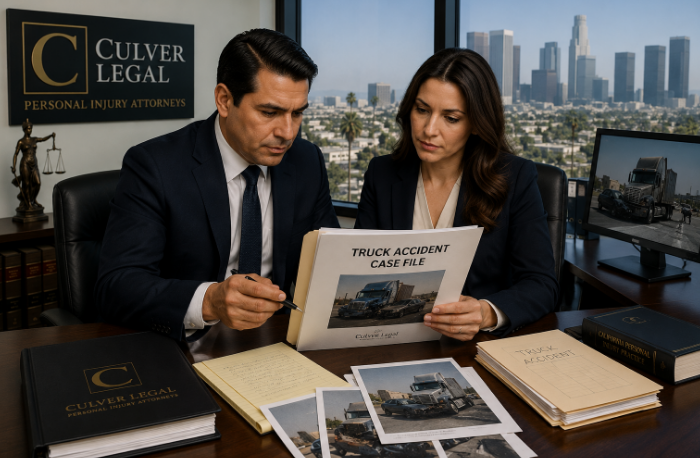 Culver Legal attorneys reviewing a truck accident case file in Los Angeles