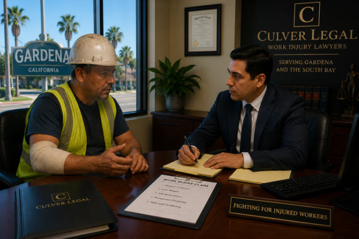 Work accident lawyer consulting with injured worker in Gardena, California