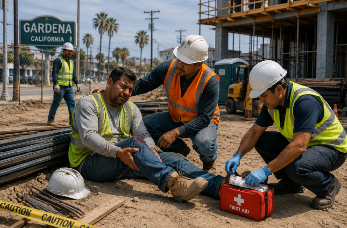 Construction site workplace injury scene in Gardena California