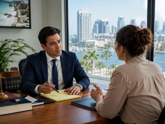 Employment lawyer consulting with a San Diego worker about workplace rights and discrimination claim