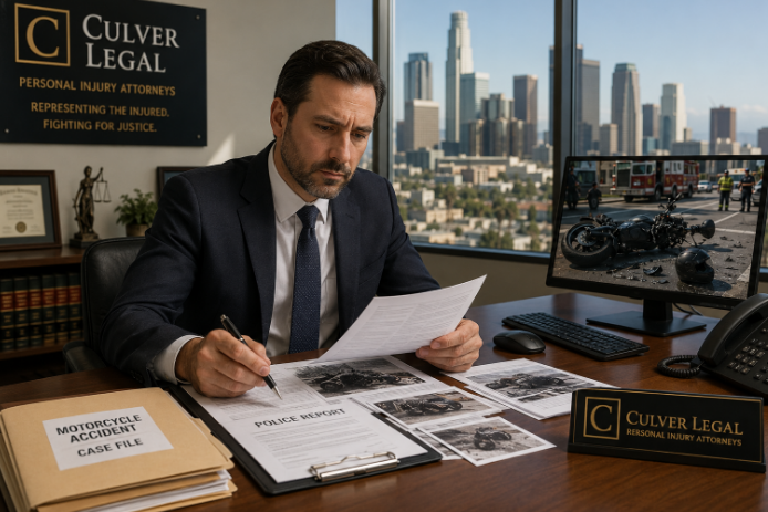 Culver Legal attorney reviewing motorcycle accident case documents in Los Angeles office
