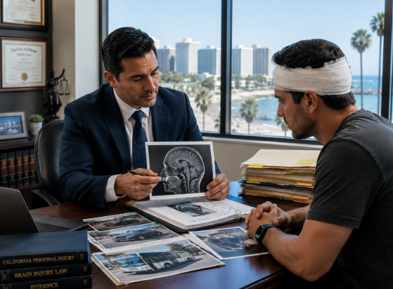 Long Beach California personal injury attorney reviewing brain injury case evidence