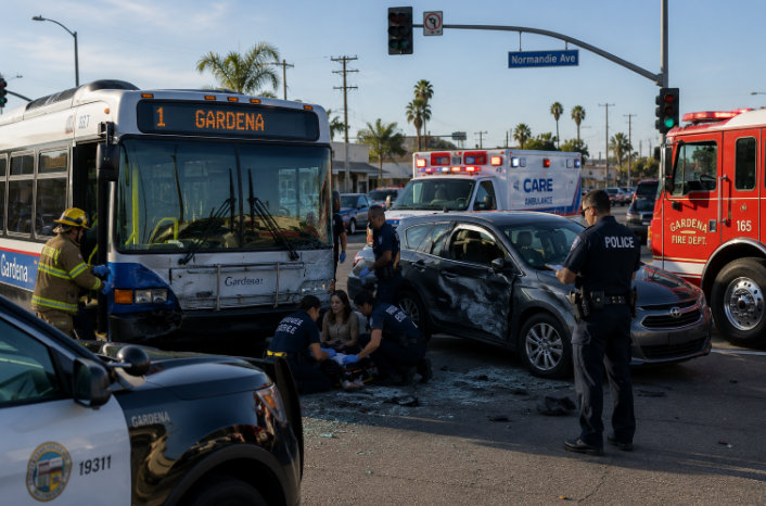 Bus accident scene in Gardena California with emergency response