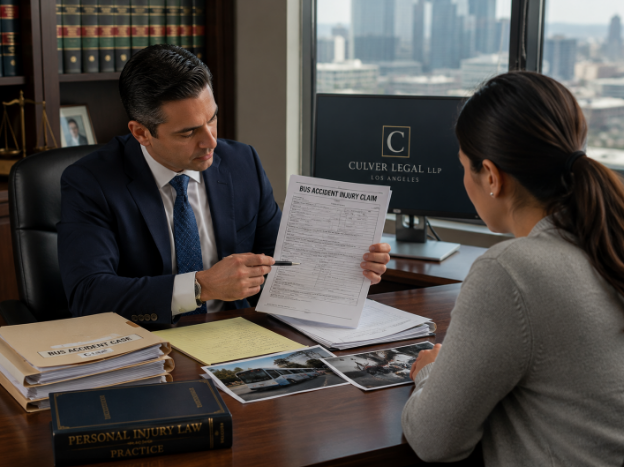 Attorney reviewing bus accident injury claim documents in Los Angeles