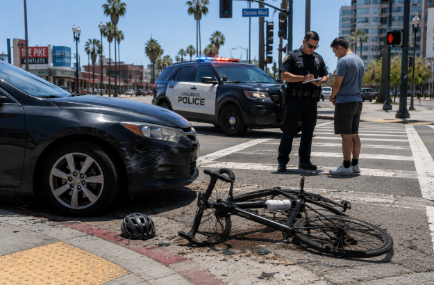 Bicycle accident scene on a Long Beach street with a damaged bike near a crosswalk