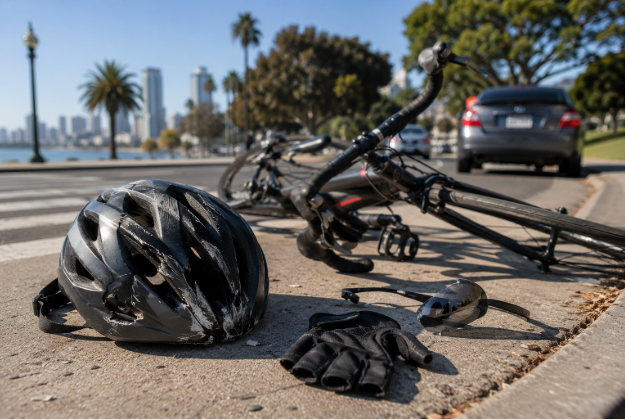 Bicycle helmet and damaged bike gear following a San Diego cycling accident
