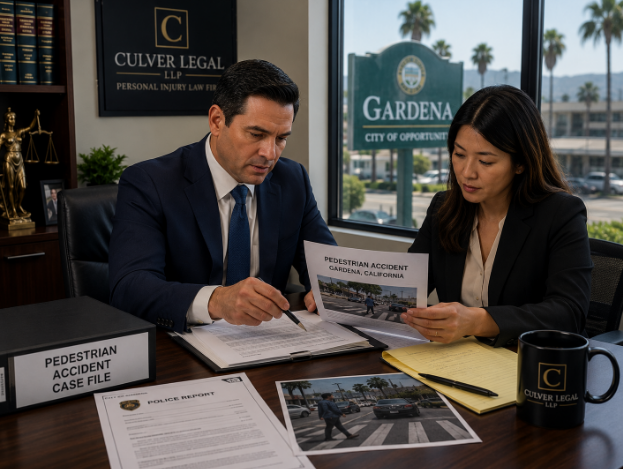 Culver Legal attorneys reviewing a Gardena pedestrian accident case file