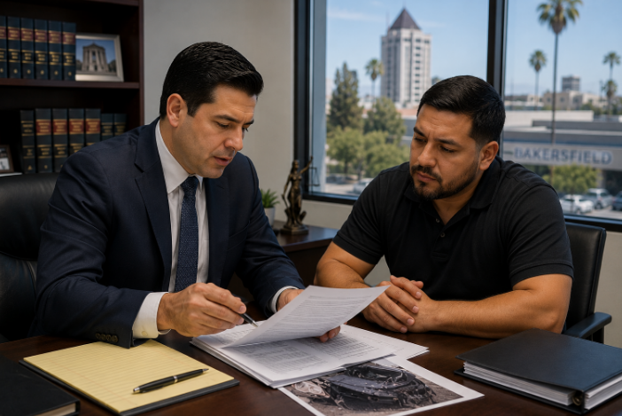 Attorney reviewing car accident case documents with a Bakersfield client