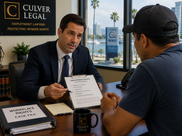 Employment lawyer consulting with a worker in Long Beach about a workplace rights claim