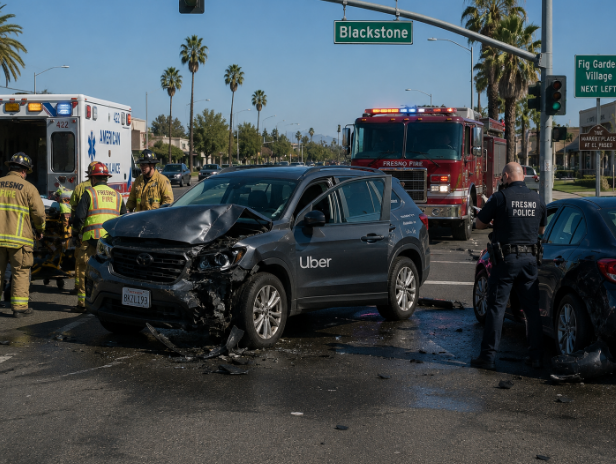 Fresno rideshare accident scene on Blackstone Avenue with Uber vehicle and emergency responders