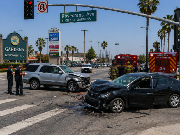 Car accident scene on Rosecrans Avenue in Gardena, California