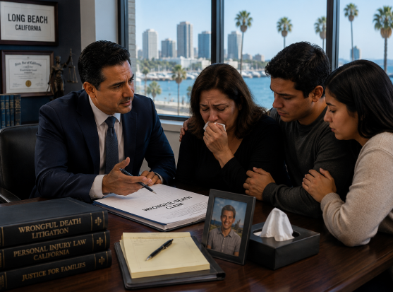 Wrongful death lawyer consulting with grieving family in Long Beach California