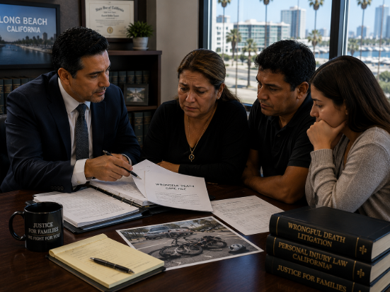 Long Beach wrongful death attorney reviewing case documents with family