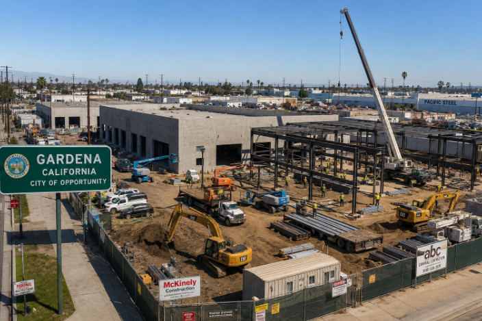 Gardena California construction site with industrial buildings and active development