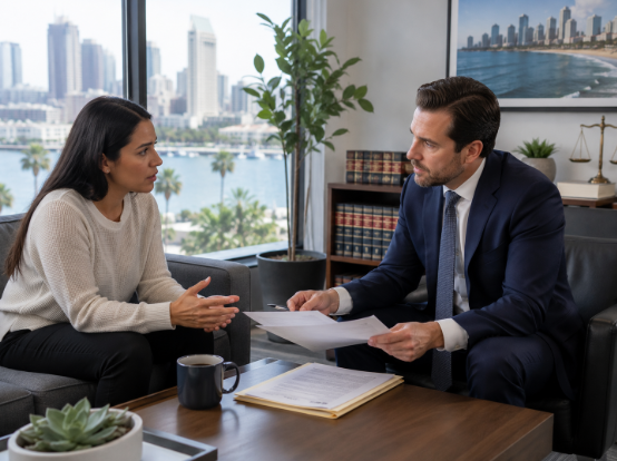 San Diego employment attorney reviewing workplace discrimination case documents with client