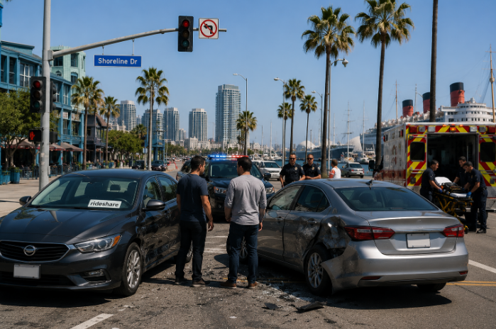 Rideshare accident scene on Long Beach streets near the harbor district