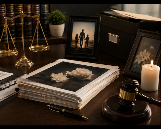Wrongful death case file documents and legal process illustration