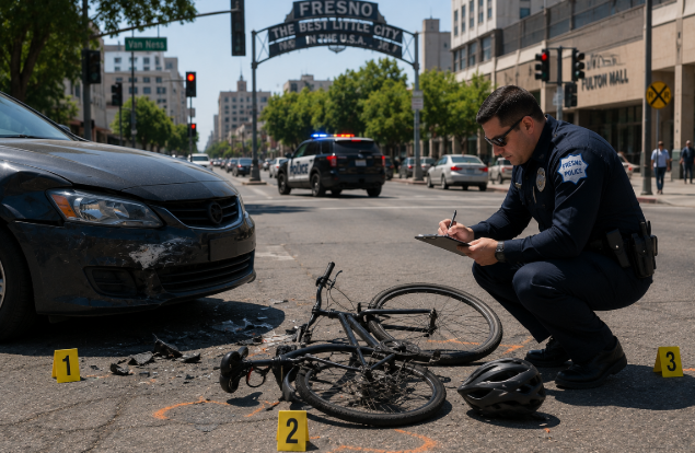 Fresno bicycle accident scene on an urban street with damaged bicycle and police documentation