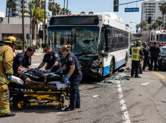 Bus accident scene on Long Beach streets with emergency responders