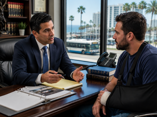 Attorney consulting with bus accident injury client in Long Beach