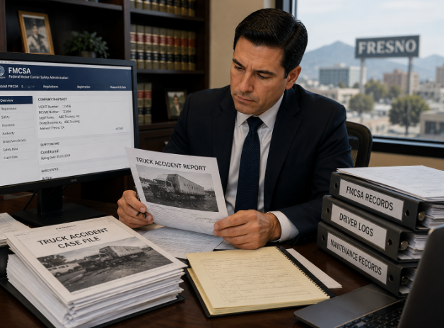 Attorney reviewing truck accident documentation and FMCSA records in a Fresno law office