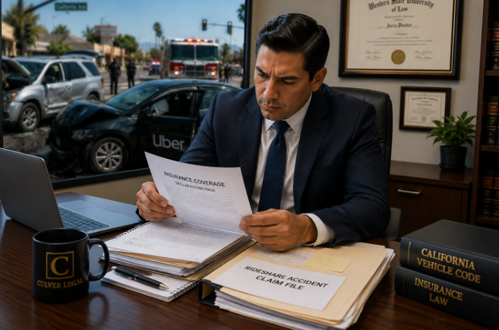 Attorney reviewing rideshare accident insurance coverage documents in Bakersfield