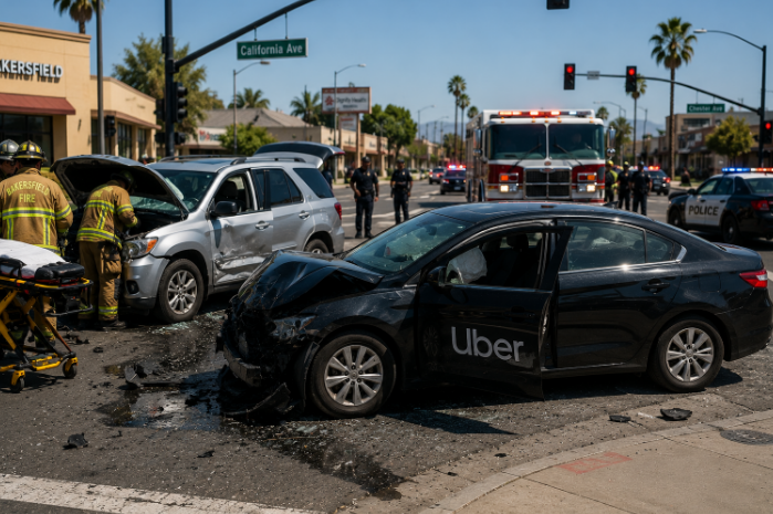 Rideshare accident scene on a Bakersfield street with emergency response vehicles