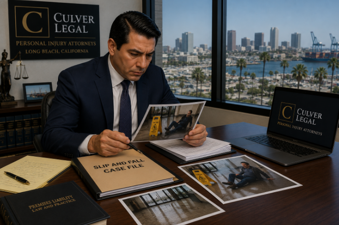 Long Beach premises liability attorney reviewing slip and fall case evidence
