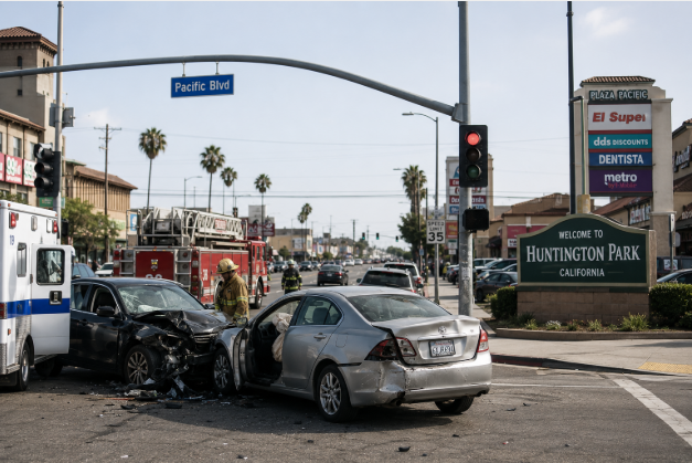 Huntington Park street scene near Pacific Boulevard where traffic accidents cause brain injuries