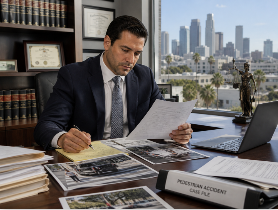 Attorney reviewing pedestrian accident case documents at a desk in Los Angeles