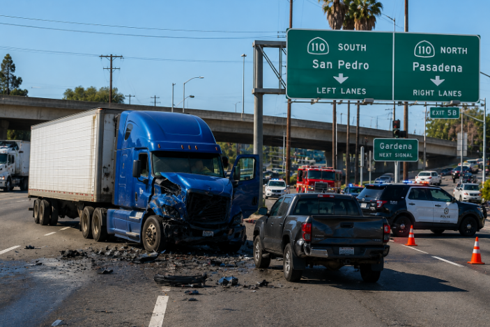 Truck accident scene on Gardena roadway near the 110 freeway