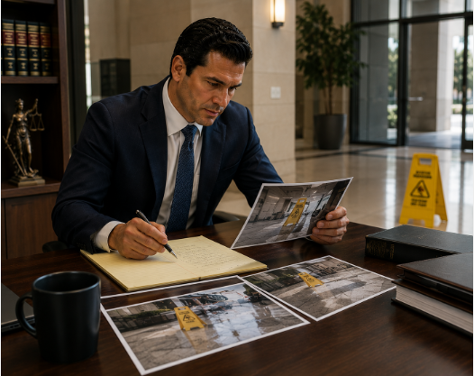 Premises liability attorney reviewing evidence of a slip and fall accident at a California property
