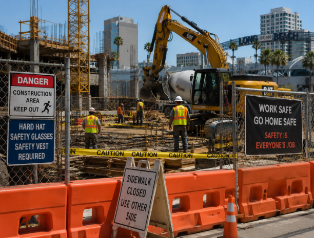 Construction accident site in Long Beach with safety barriers and heavy equipment
