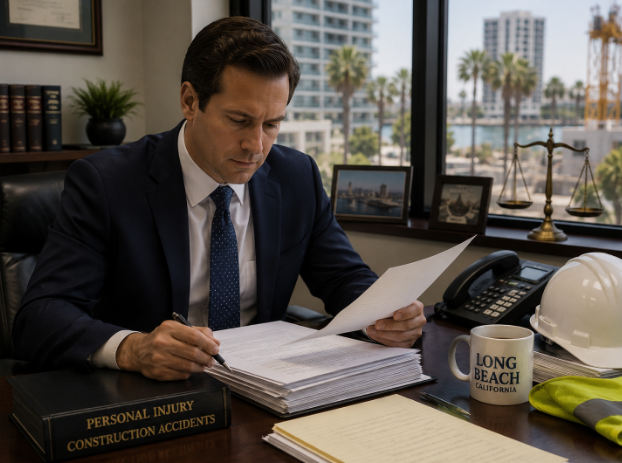 Personal injury attorney reviewing construction accident case documents in Long Beach