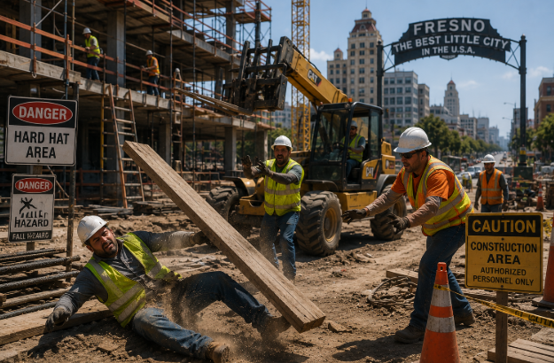 Fresno construction site with workers and heavy equipment, representing job site accident risks